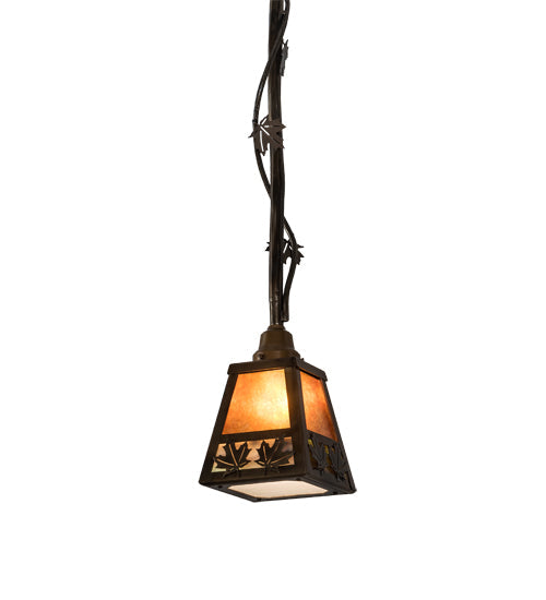 Meyda Lighting Maple Leaf 9" Light Burnished Antique Copper Mini Pendant Light With Amber Mica & Greenish Brown Art Shade Glass