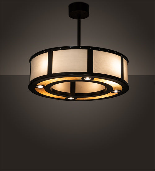 Meyda Lighting Maplewood 32" 8-Light Timeless Bronze Smythe Craftsman Pendant Light With Beige Linen & Amber Shade Glass