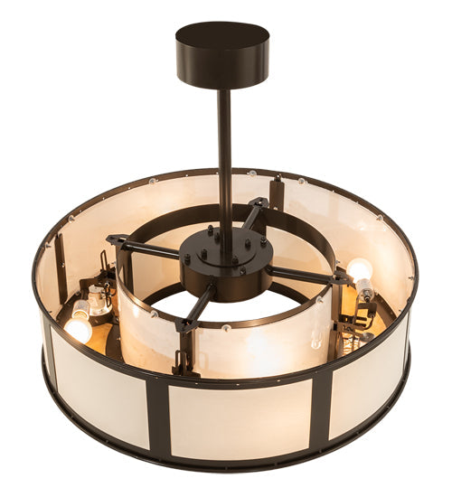 Meyda Lighting Maplewood 32" 8-Light Timeless Bronze Smythe Craftsman Pendant Light With Beige Linen & Amber Shade Glass