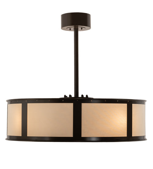 Meyda Lighting Maplewood 32" 8-Light Timeless Bronze Smythe Craftsman Pendant Light With Beige Linen & Amber Shade Glass