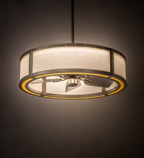 Meyda Lighting Maplewood 37" LED Nickel Chandelier With Eggshell Textrene & Faux Maplewood Shade and Fan