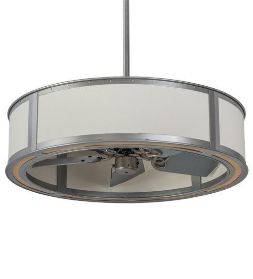 Meyda Lighting Maplewood 37" LED Nickel Chandelier With Eggshell Textrene & Faux Maplewood Shade and Fan