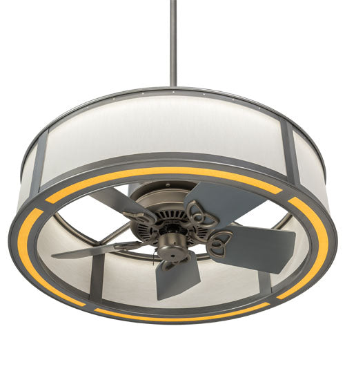 Meyda Lighting Maplewood 37" LED Nickel Chandelier With Eggshell Textrene & Faux Maplewood Shade and Fan