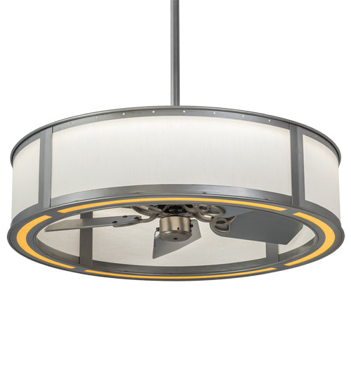 Meyda Lighting Maplewood 37" LED Nickel Chandelier With Eggshell Textrene & Faux Maplewood Shade and Fan