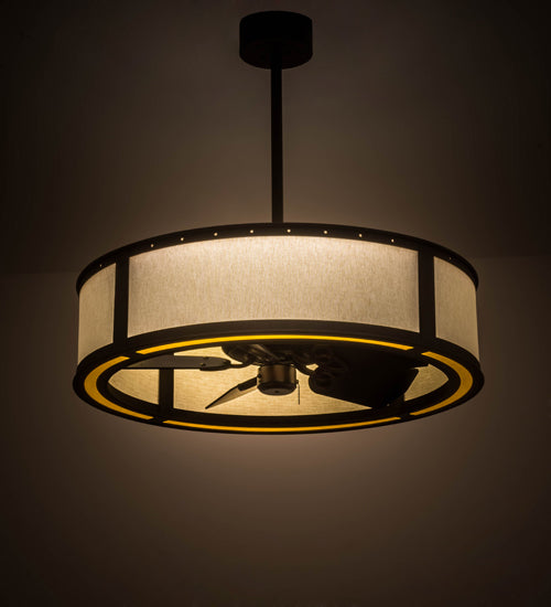 Meyda Lighting Maplewood 37" LED Strip Oil Rubbed Bronze Smythe Craftsman Chandelier With Beige Natural Textrene Shade and Fan