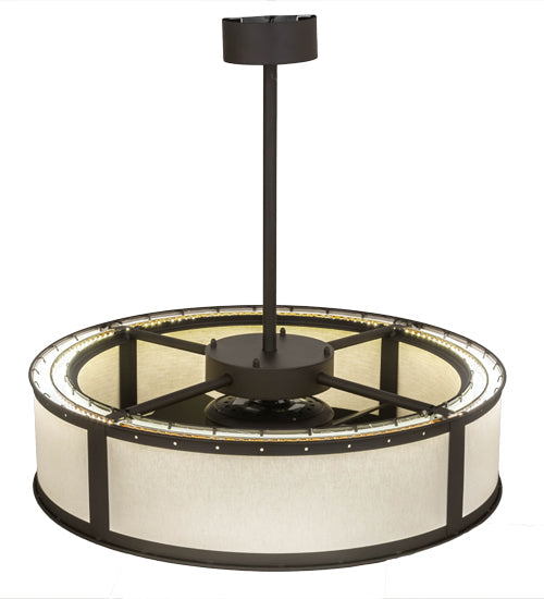 Meyda Lighting Maplewood 37" LED Strip Oil Rubbed Bronze Smythe Craftsman Chandelier With Beige Natural Textrene Shade and Fan