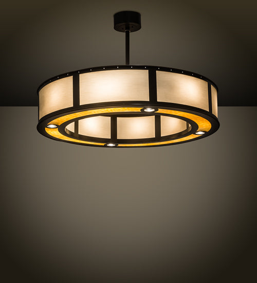 Meyda Lighting Maplewood 45" 12-Light Timeless Bronze Smythe Craftsman Pendant Light With Beige Linen & Amber Shade Glass