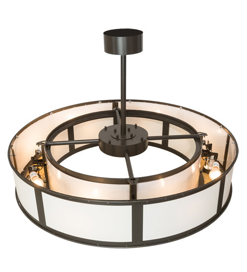 Meyda Lighting Maplewood 45" 12-Light Timeless Bronze Smythe Craftsman Pendant Light With Beige Linen & Amber Shade Glass