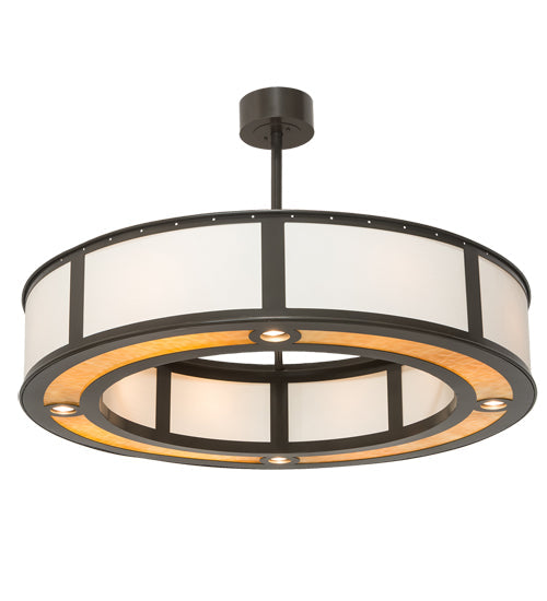 Meyda Lighting Maplewood 45" 12-Light Timeless Bronze Smythe Craftsman Pendant Light With Beige Linen & Amber Shade Glass