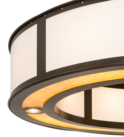 Meyda Lighting Maplewood 45" 12-Light Timeless Bronze Smythe Craftsman Pendant Light With Beige Linen & Amber Shade Glass