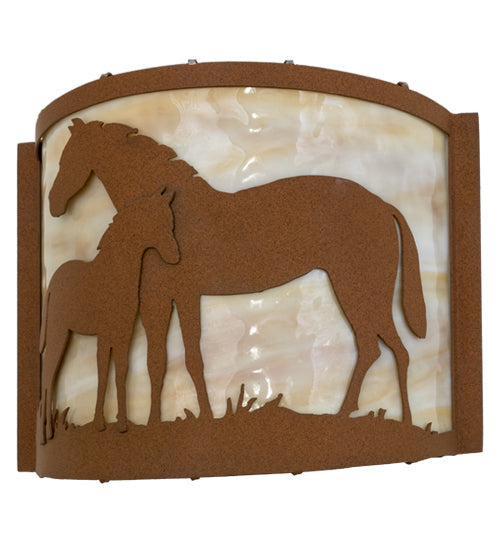 Meyda Lighting Mare & Foal 11" Earth Wall Sconce With Beige Art Shade Glass