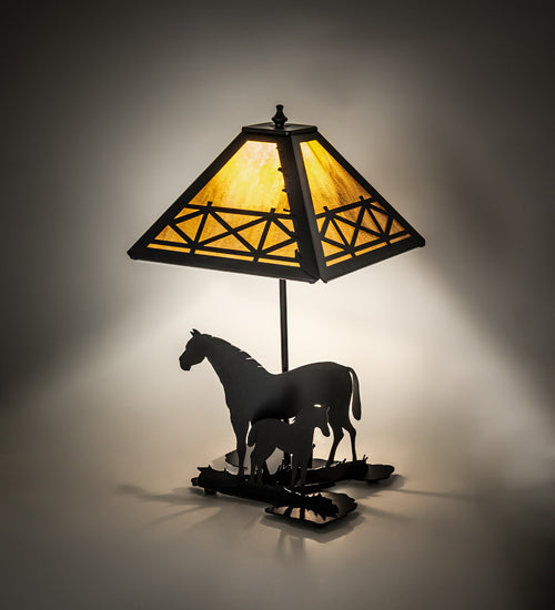 Meyda Lighting Mare & Foal 22" 2-Light Textured Black Table Lamp With Honey Amber Shade Glass
