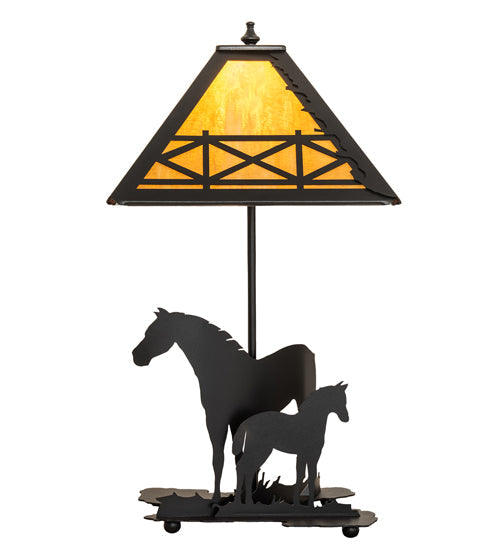 Meyda Lighting Mare & Foal 22" 2-Light Textured Black Table Lamp With Honey Amber Shade Glass