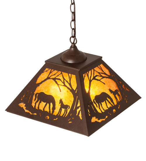 Meyda Lighting Mare & Foal at Dawn 16"Sq 2-Light Cafe Noir Pendant Light With Amber Mica Shade Glass