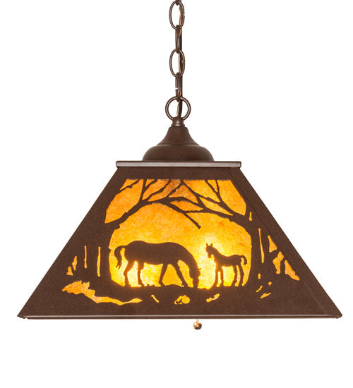 Meyda Lighting Mare & Foal at Dawn 16"Sq 2-Light Cafe Noir Pendant Light With Amber Mica Shade Glass