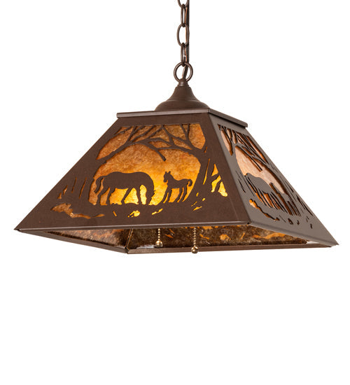 Meyda Lighting Mare & Foal at Dawn 16"Sq 2-Light Cafe Noir Pendant Light With Amber Mica Shade Glass