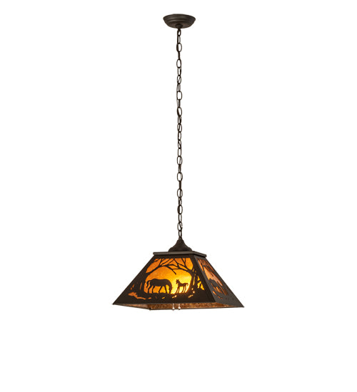 Meyda Lighting Mare & Foal at Dawn 16"Sq Oil Rubbed Bronze Pendant Light With Amber Mica Shade Glass