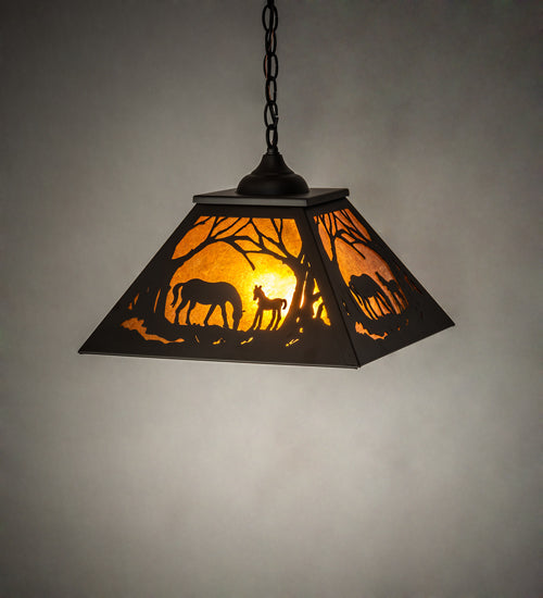 Meyda Lighting Mare & Foal at Dawn 16"Sq Oil Rubbed Bronze Pendant Light With Amber Mica Shade Glass