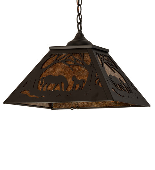 Meyda Lighting Mare & Foal at Dawn 16"Sq Oil Rubbed Bronze Pendant Light With Amber Mica Shade Glass