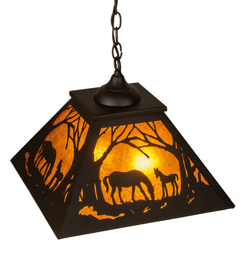 Meyda Lighting Mare & Foal at Dawn 16"Sq Oil Rubbed Bronze Pendant Light With Amber Mica Shade Glass