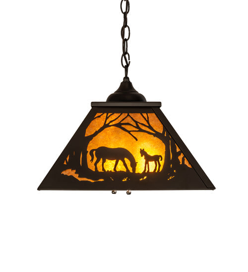 Meyda Lighting Mare & Foal at Dawn 16"Sq Oil Rubbed Bronze Pendant Light With Amber Mica Shade Glass