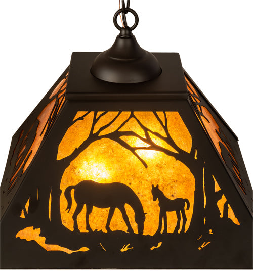 Meyda Lighting Mare & Foal at Dawn 16"Sq Oil Rubbed Bronze Pendant Light With Amber Mica Shade Glass