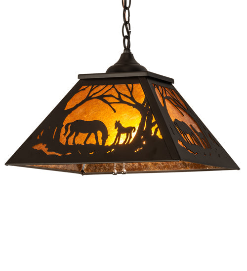 Meyda Lighting Mare & Foal at Dawn 16"Sq Oil Rubbed Bronze Pendant Light With Amber Mica Shade Glass