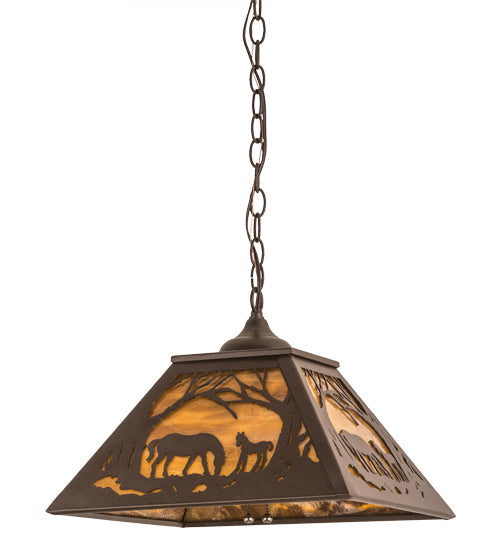 Meyda Lighting Mare & Foal at Dawn 22" 2-Light Cafe Noir Pendant Light With Honey Amber Shade Glass