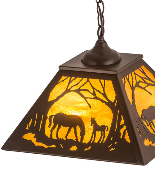 Meyda Lighting Mare & Foal at Dawn 22" 2-Light Cafe Noir Pendant Light With Honey Amber Shade Glass