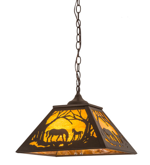 Meyda Lighting Mare & Foal at Dawn 22" 2-Light Cafe Noir Pendant Light With Honey Amber Shade Glass