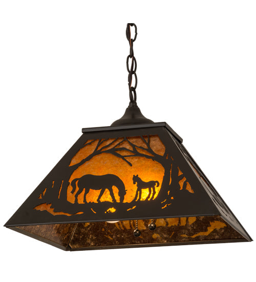 Meyda Lighting Mare & Foal at Dawn 23" 2-Light Timeless Bronze Pendant Light With Amber Mica Shade Glass