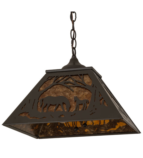 Meyda Lighting Mare & Foal at Dawn 23" 2-Light Timeless Bronze Pendant Light With Amber Mica Shade Glass