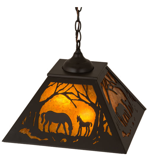 Meyda Lighting Mare & Foal at Dawn 23" 2-Light Timeless Bronze Pendant Light With Amber Mica Shade Glass