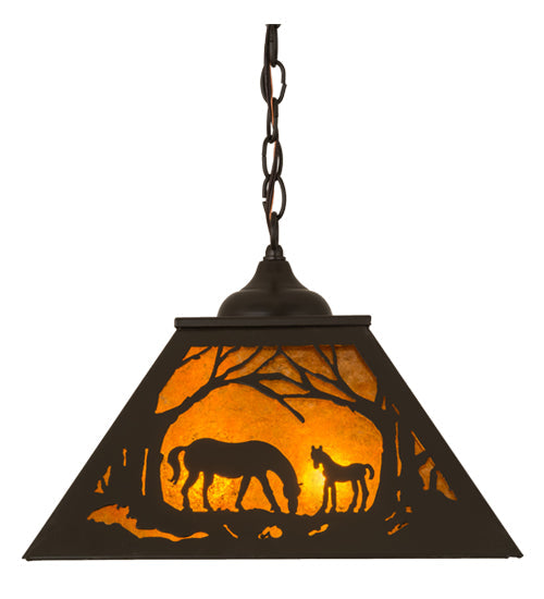 Meyda Lighting Mare & Foal at Dawn 23" 2-Light Timeless Bronze Pendant Light With Amber Mica Shade Glass