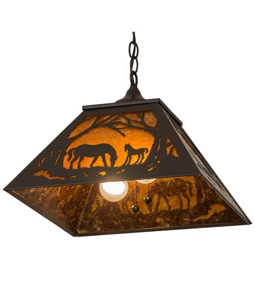 Meyda Lighting Mare & Foal at Dawn 23" 2-Light Timeless Bronze Pendant Light With Amber Mica Shade Glass