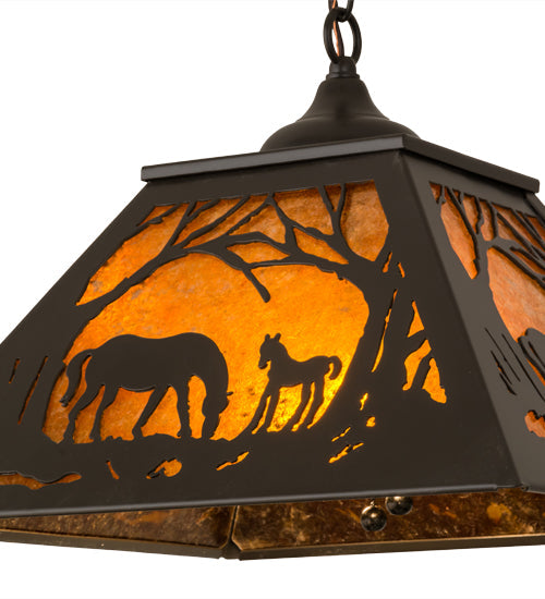 Meyda Lighting Mare & Foal at Dawn 23" 2-Light Timeless Bronze Pendant Light With Amber Mica Shade Glass