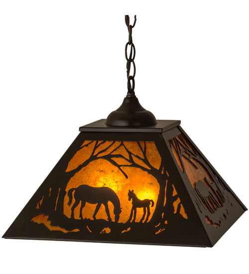 Meyda Lighting Mare & Foal at Dawn 23" 2-Light Timeless Bronze Pendant Light With Amber Mica Shade Glass