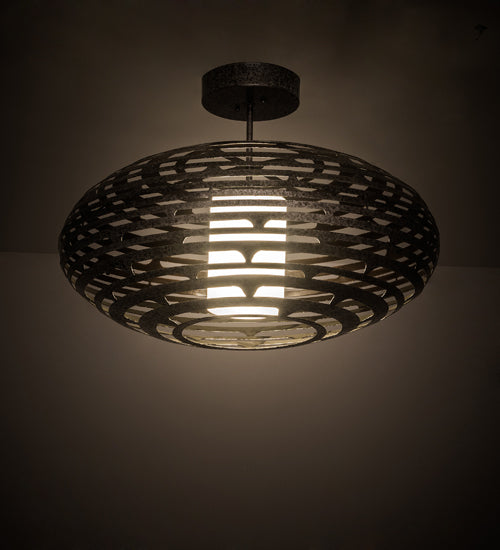 Meyda Lighting Margo Acura 30" LED Silver Leaf On Copper Vein Pendant Light With White Statuario Idalight & Silver Shade