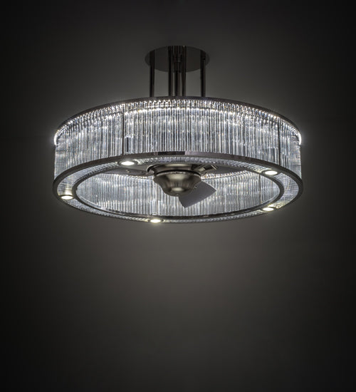 Meyda Lighting Marquee 36" LED Polished Stainless Steel Chandelier With Clear Shade Glass and Fan