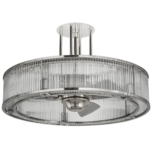 Meyda Lighting Marquee 36" LED Polished Stainless Steel Chandelier With Clear Shade Glass and Fan