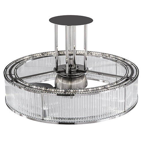 Meyda Lighting Marquee 36" LED Polished Stainless Steel Chandelier With Clear Shade Glass and Fan