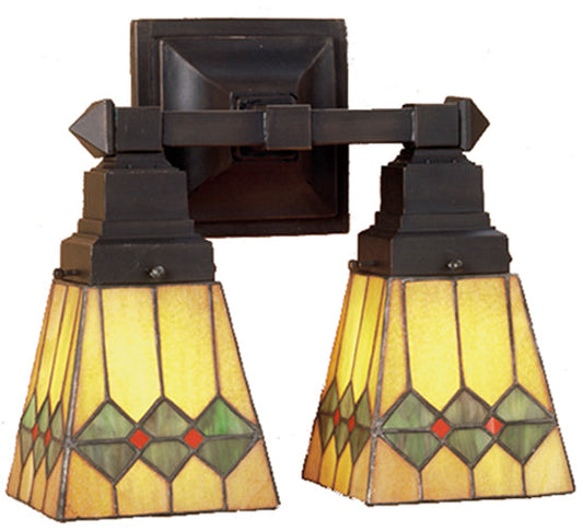 Meyda Lighting Martini Mission 12" 2-Light Mahogany Bronze Wall Sconce With Multi-Colored Shade Glass