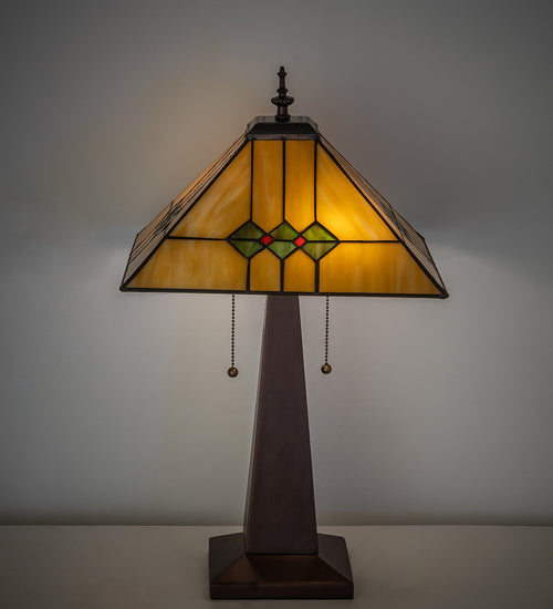 Meyda Lighting Martini Mission 24" 2-Light Mahogany Bronze Table Lamp With Amber and Green Shade Glass