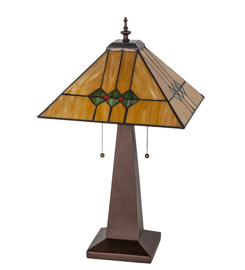 Meyda Lighting Martini Mission 24" 2-Light Mahogany Bronze Table Lamp With Amber and Green Shade Glass