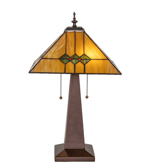 Meyda Lighting Martini Mission 24" 2-Light Mahogany Bronze Table Lamp With Amber and Green Shade Glass