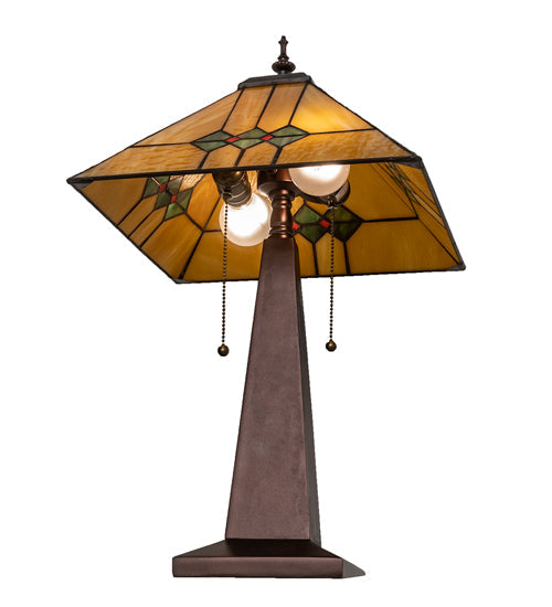Meyda Lighting Martini Mission 24" 2-Light Mahogany Bronze Table Lamp With Amber and Green Shade Glass