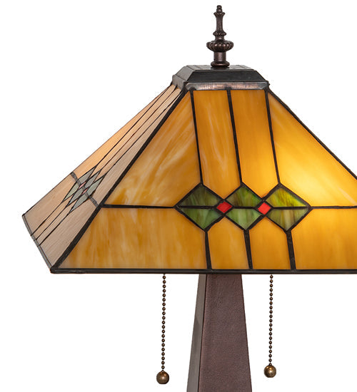 Meyda Lighting Martini Mission 24" 2-Light Mahogany Bronze Table Lamp With Amber and Green Shade Glass