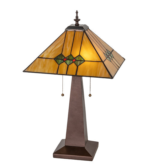 Meyda Lighting Martini Mission 24" 2-Light Mahogany Bronze Table Lamp With Amber and Green Shade Glass