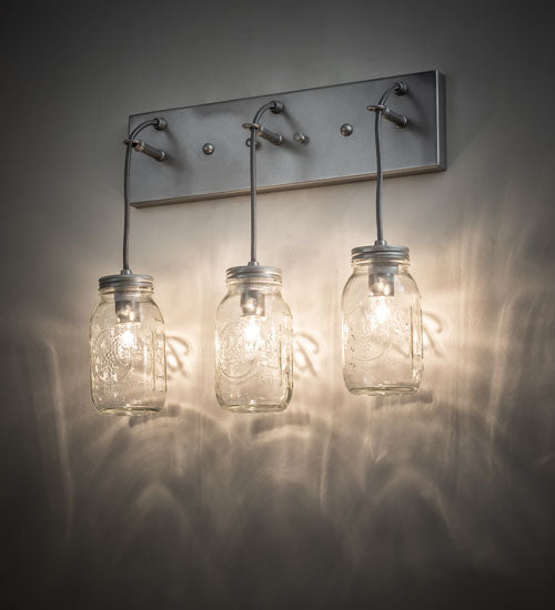 Meyda Lighting Mason Jar 18" 3-Light Nickel Vanity Light With Clear Jar Shade Glass