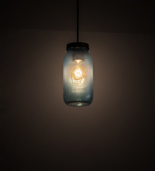 Meyda Lighting Mason Jar 5" Textured Black Mini Pendant Light With Powder Blue Jar Shade Glass